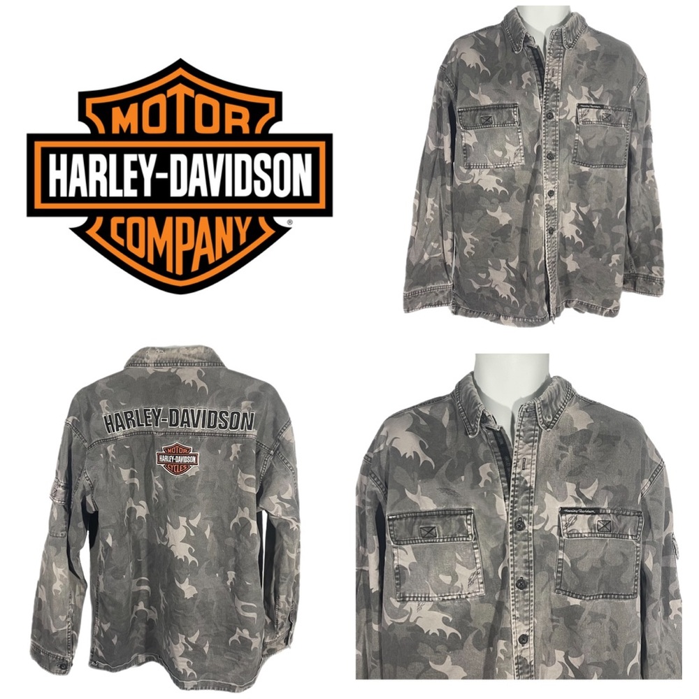 Harley-Davidson Gray/Black Camo Denim Jacket - Vintage 2007, Size L